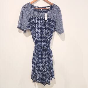 LOFT Womens Navy Blue White Aztec Print Belted Midi Dress Size Medium NEW Summer